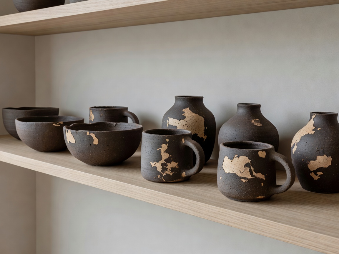 A collection of rough, dark clay pottery on a minimalist shelf